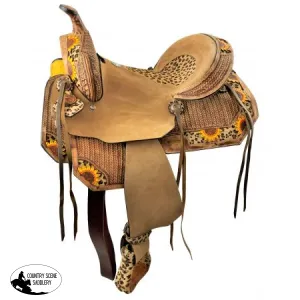 14", 15", 16" Double T  Hard Seat Barrel style saddle with Cheetah Seat and sunflower painted accents. 