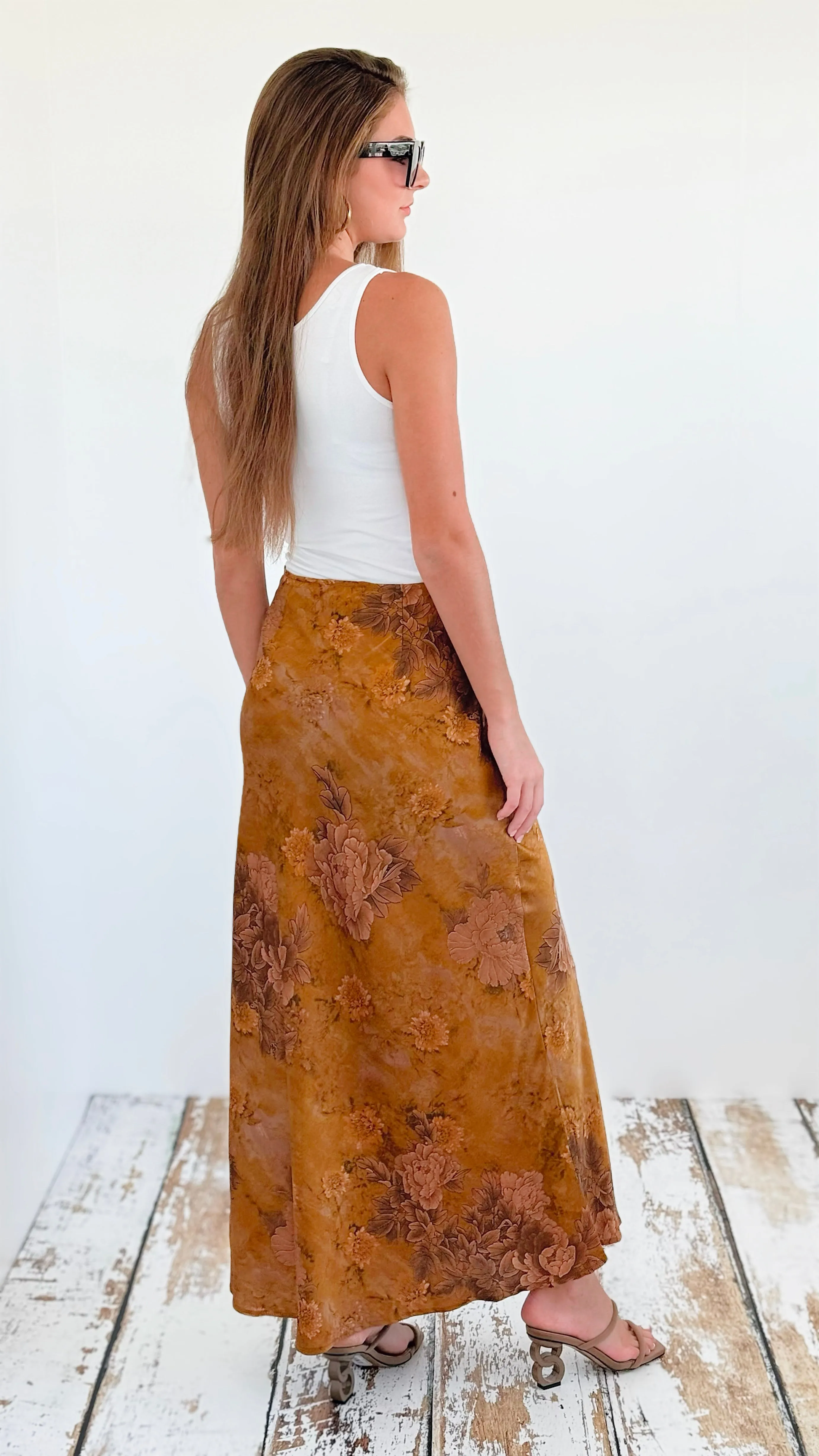 Autumn Bloom Satin Maxi Skirt