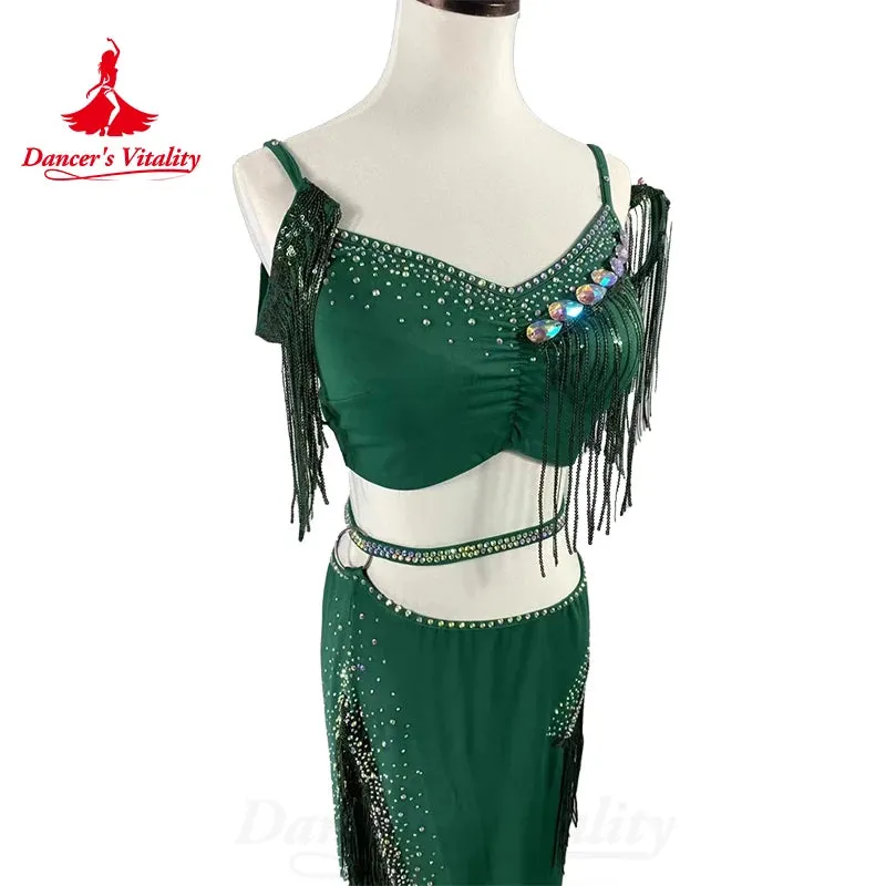 BellyDance Set Customize AB Stones Tassels Top rhinestone Split Long Skirt 2pcs Oriental Dance Professional Performance Clothing