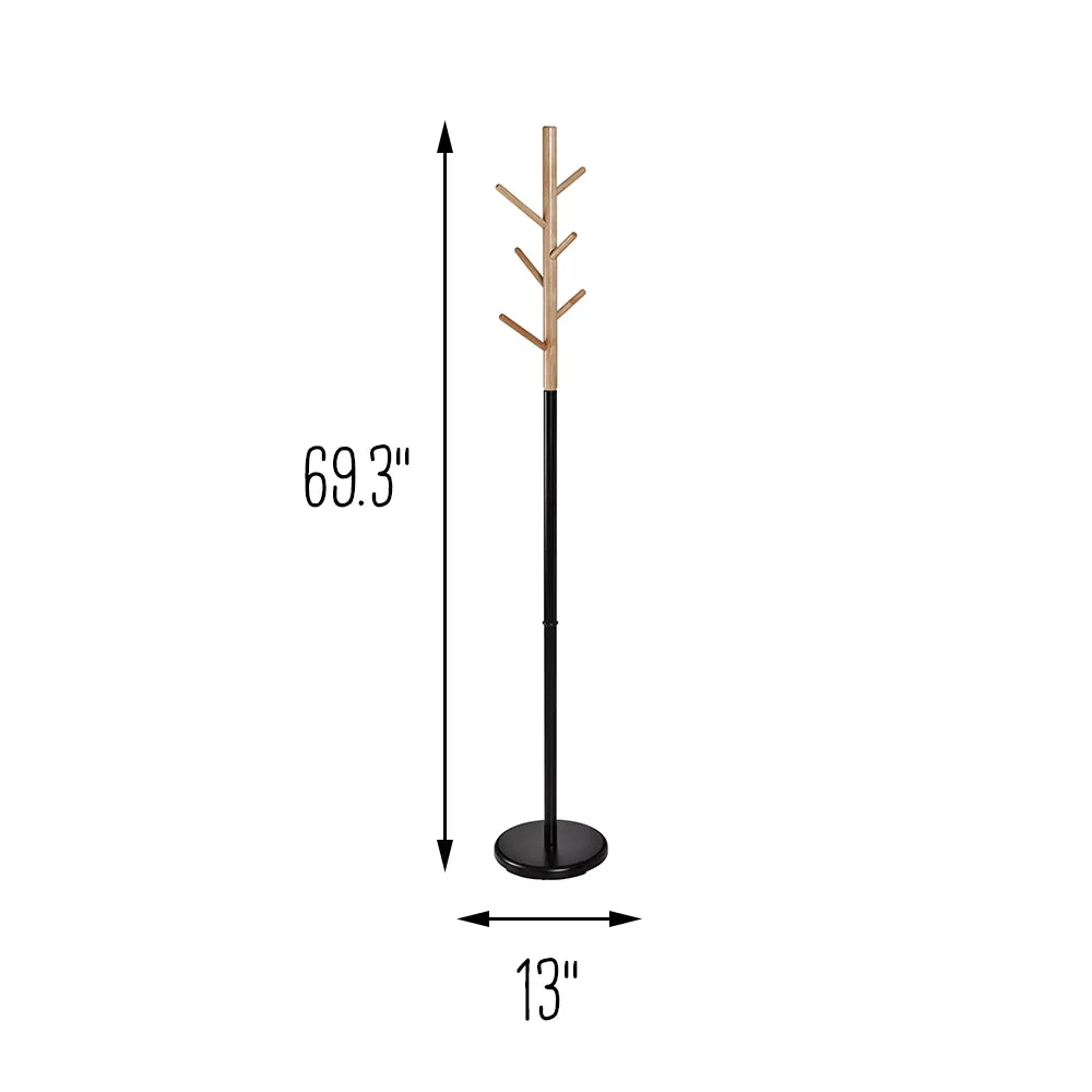 Black/Natural Wood Modern Coat Tree Stand