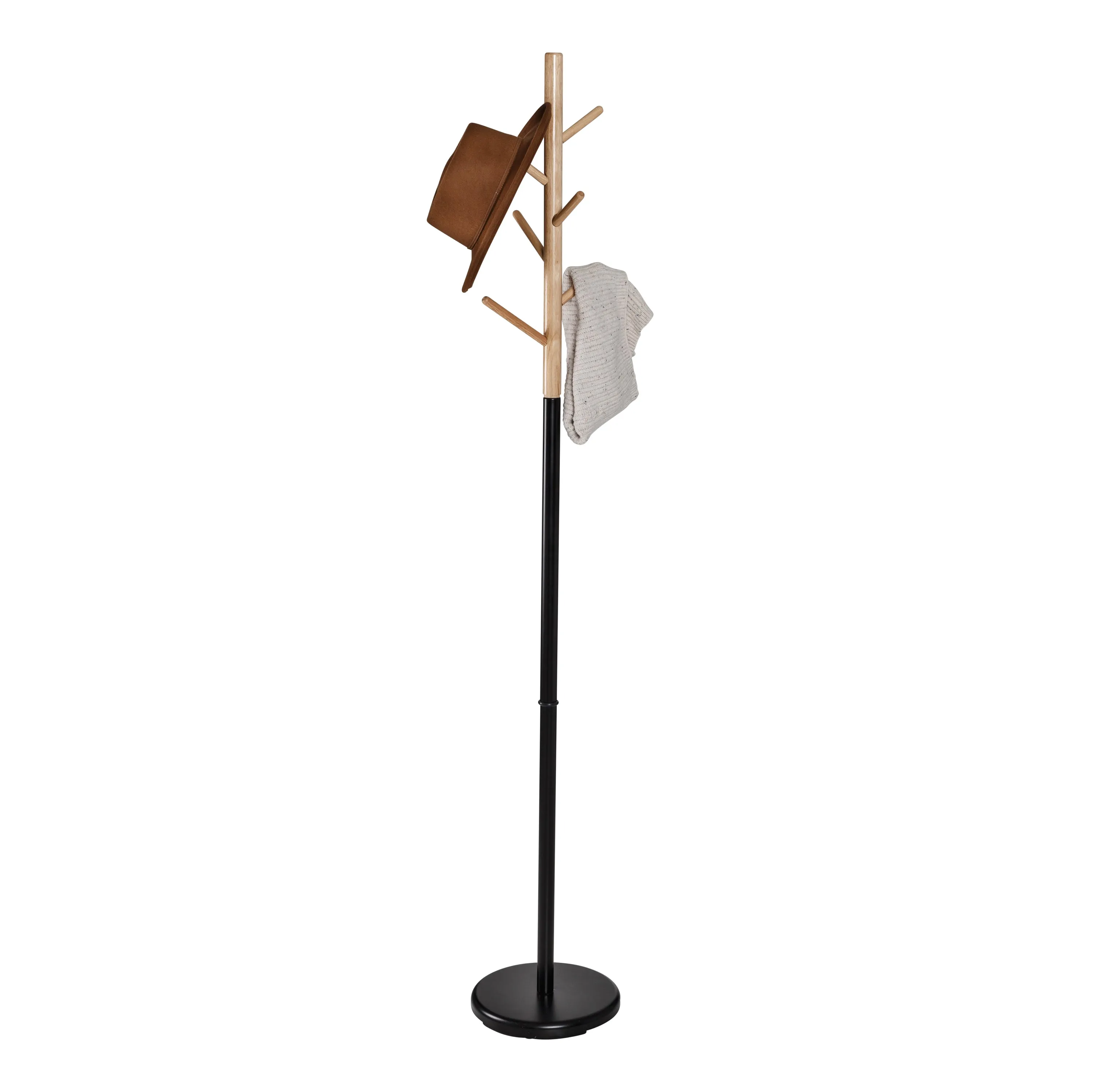 Black/Natural Wood Modern Coat Tree Stand