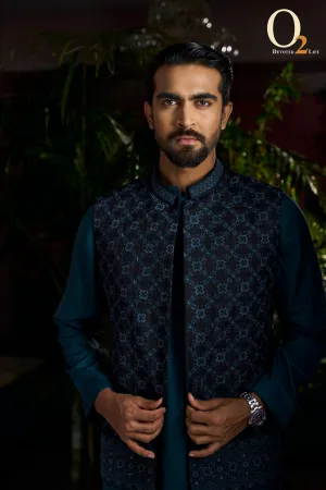 Blue Banarasik Festival Wear Jacquard Ethnic Vest