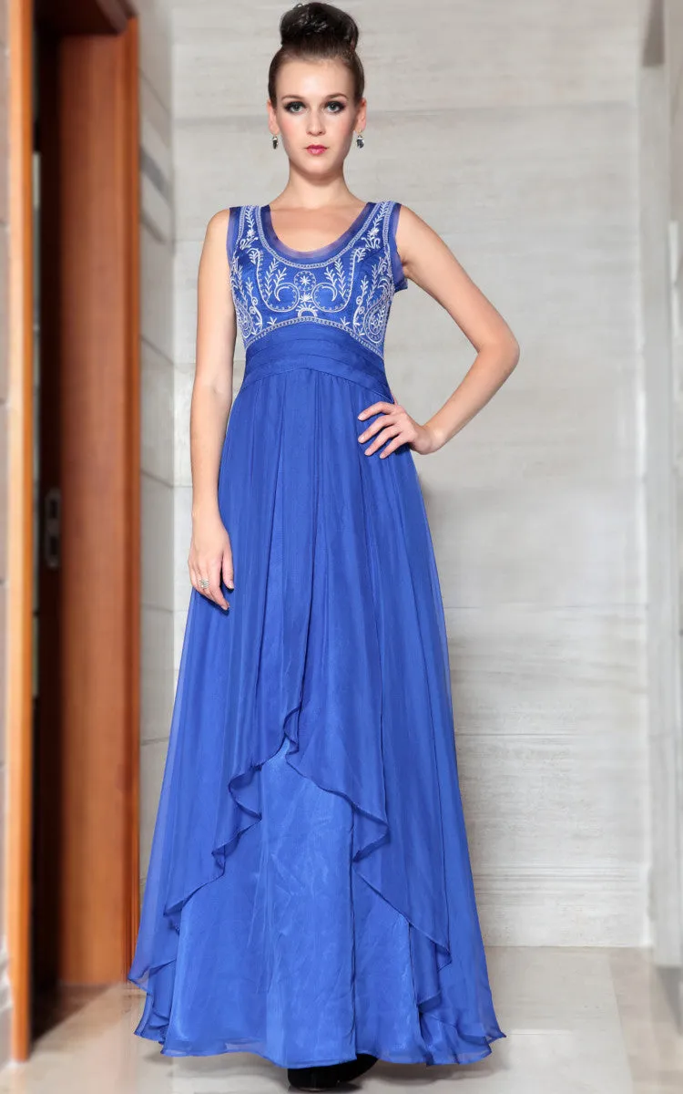 Blue Embroidered Scoop Neck Elegant Prom Evening Formal Dress DQ830875