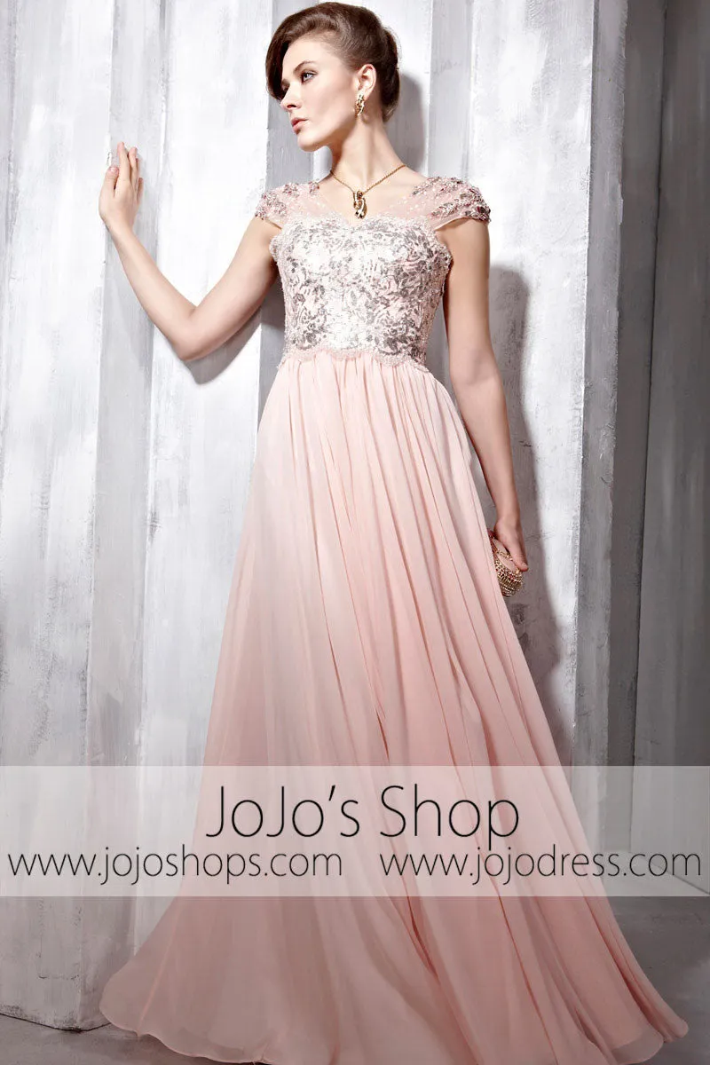 Blush Pink Cap Sleeves Floor Length Beauty Pageant Formal Evening Dress CX856838