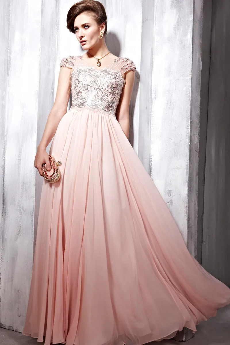 Blush Pink Cap Sleeves Floor Length Beauty Pageant Formal Evening Dress CX856838