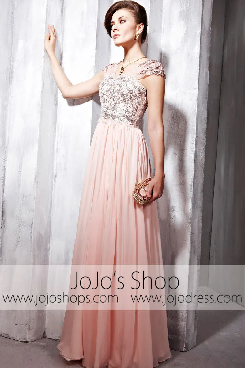 Blush Pink Cap Sleeves Floor Length Beauty Pageant Formal Evening Dress CX856838