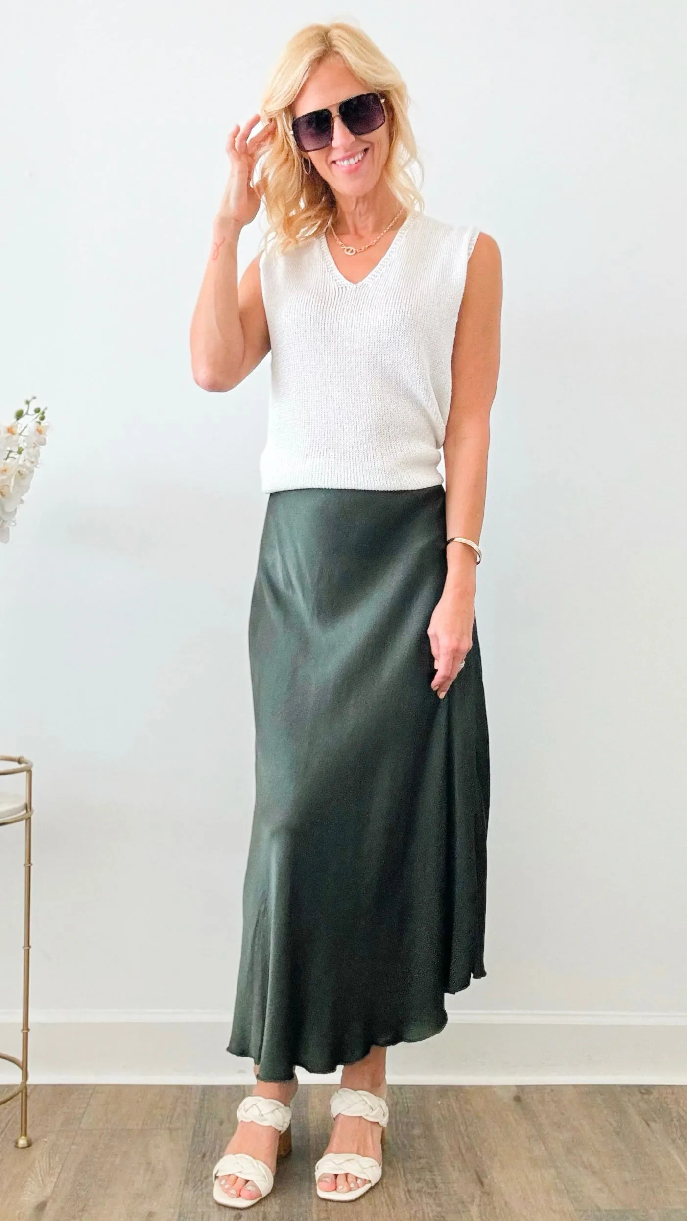 Brooklyn Italian Satin Midi Skirt - Army Green