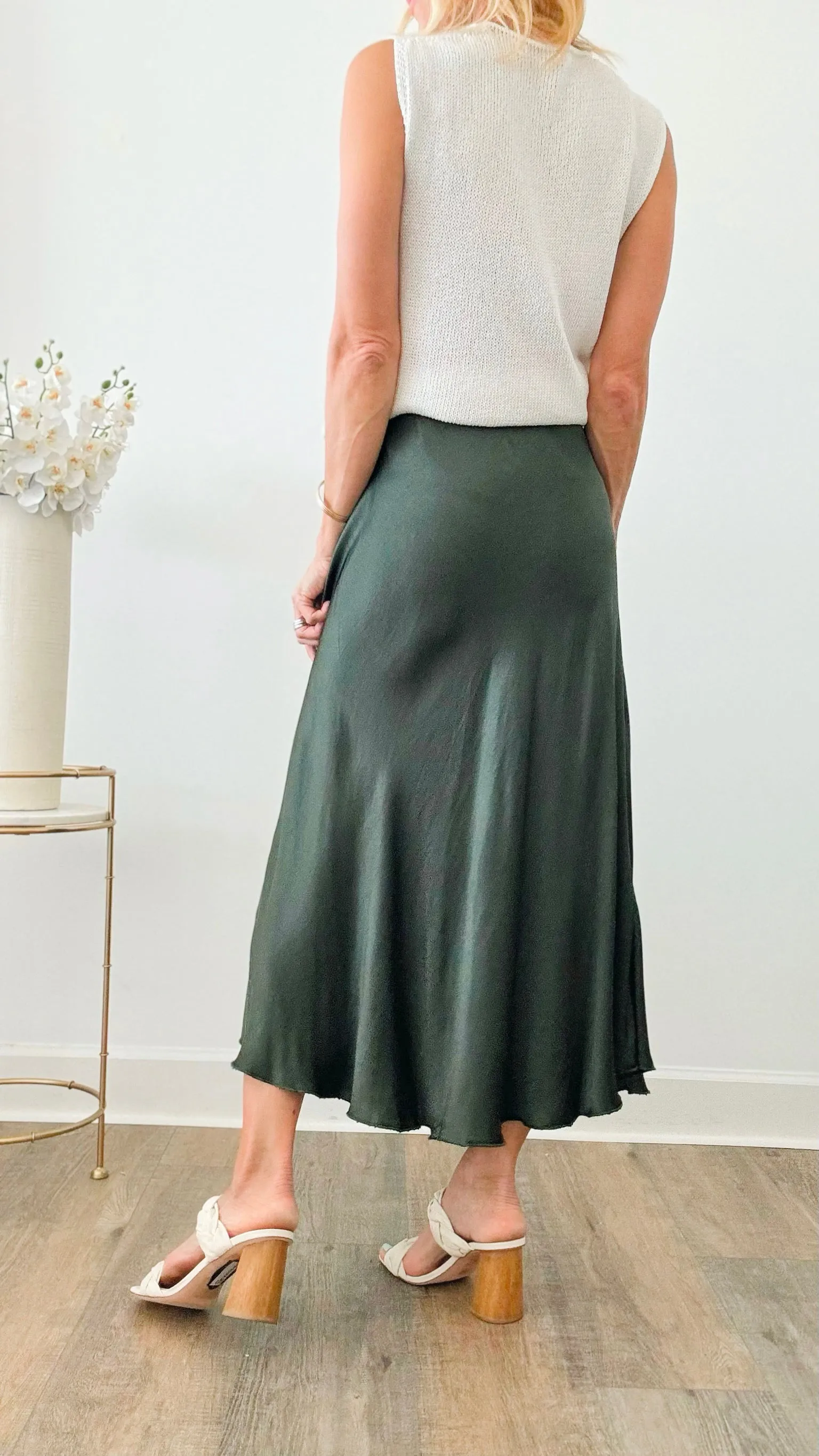 Brooklyn Italian Satin Midi Skirt - Army Green