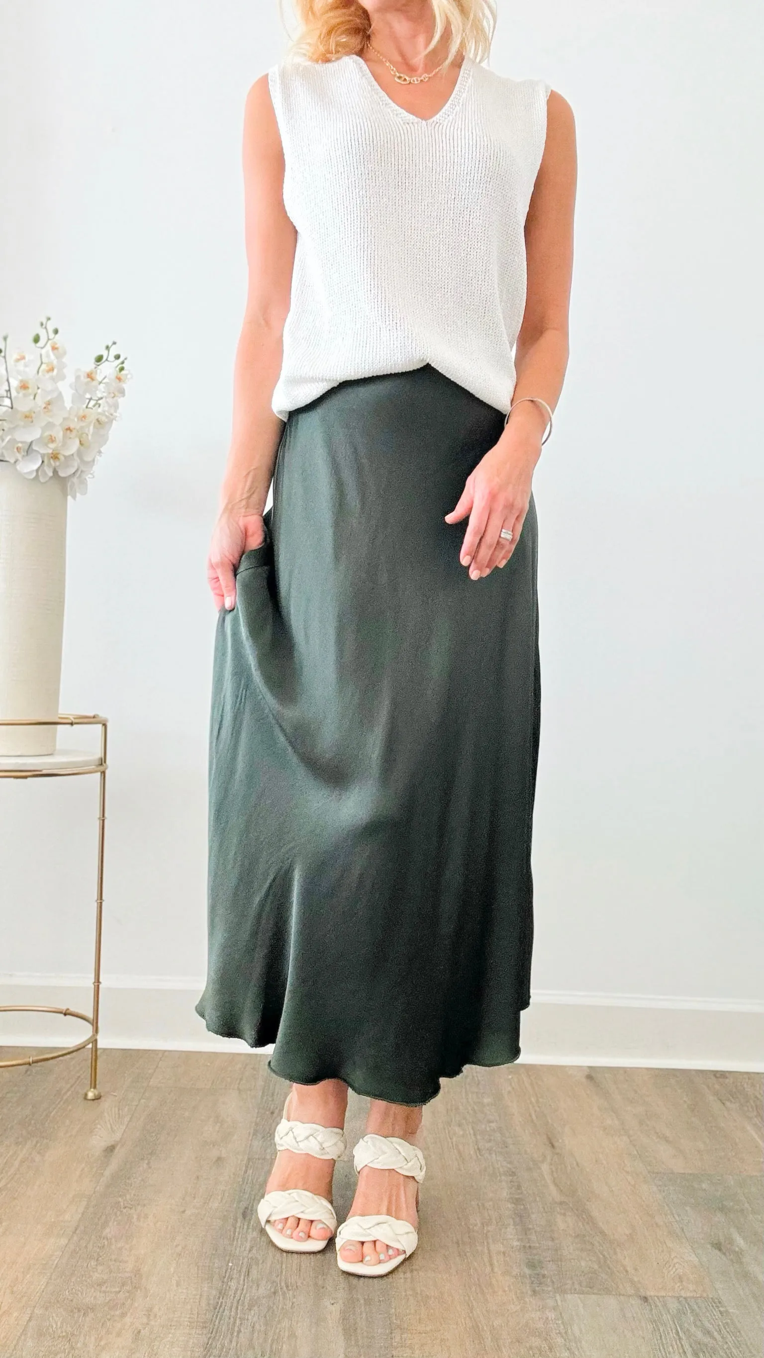 Brooklyn Italian Satin Midi Skirt - Army Green