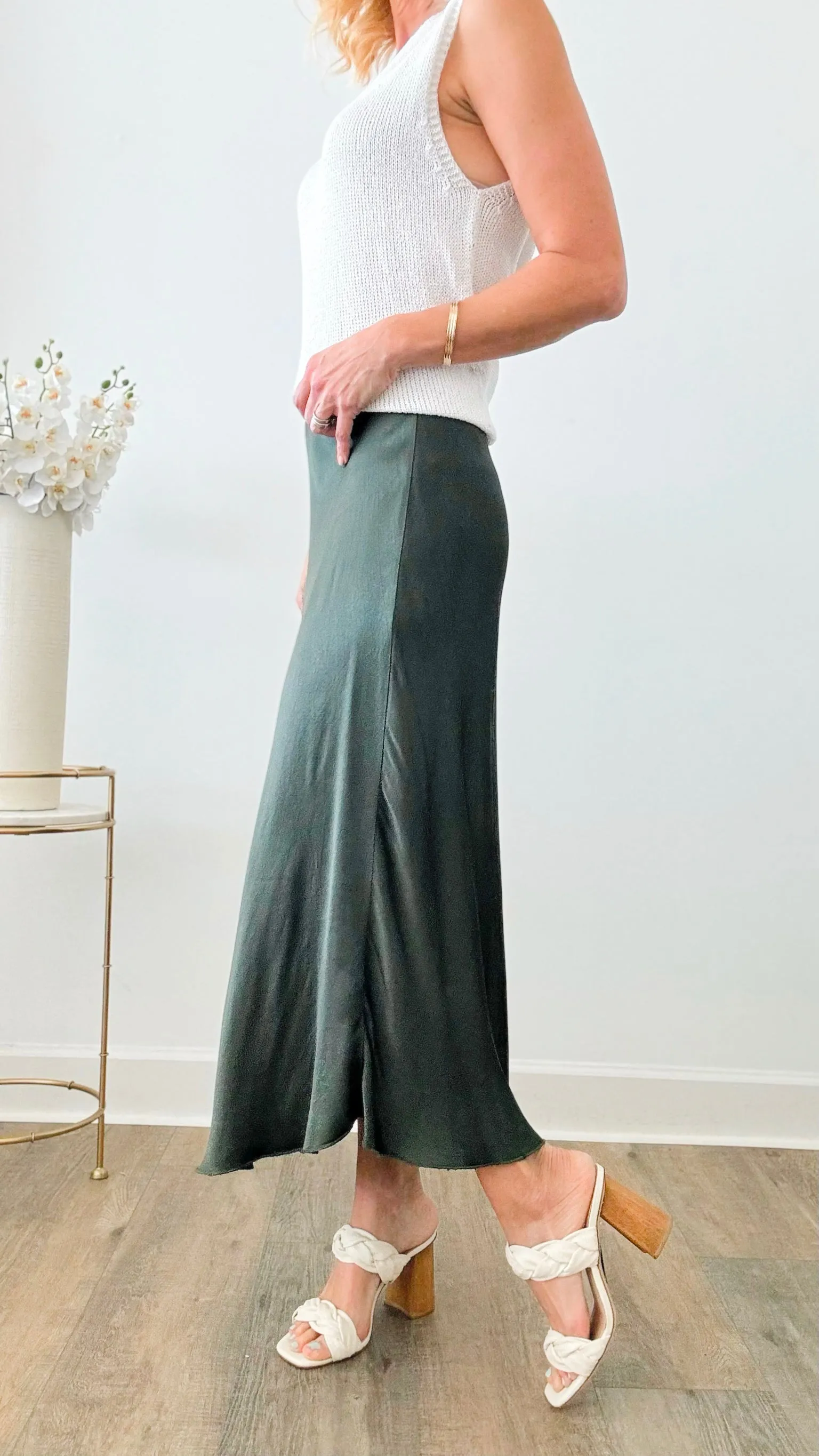 Brooklyn Italian Satin Midi Skirt - Army Green