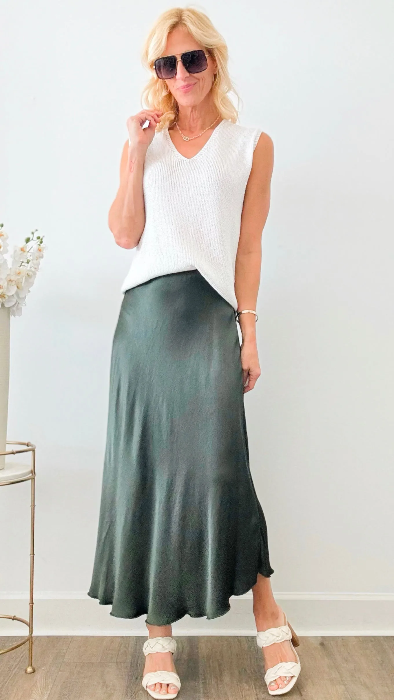 Brooklyn Italian Satin Midi Skirt - Army Green