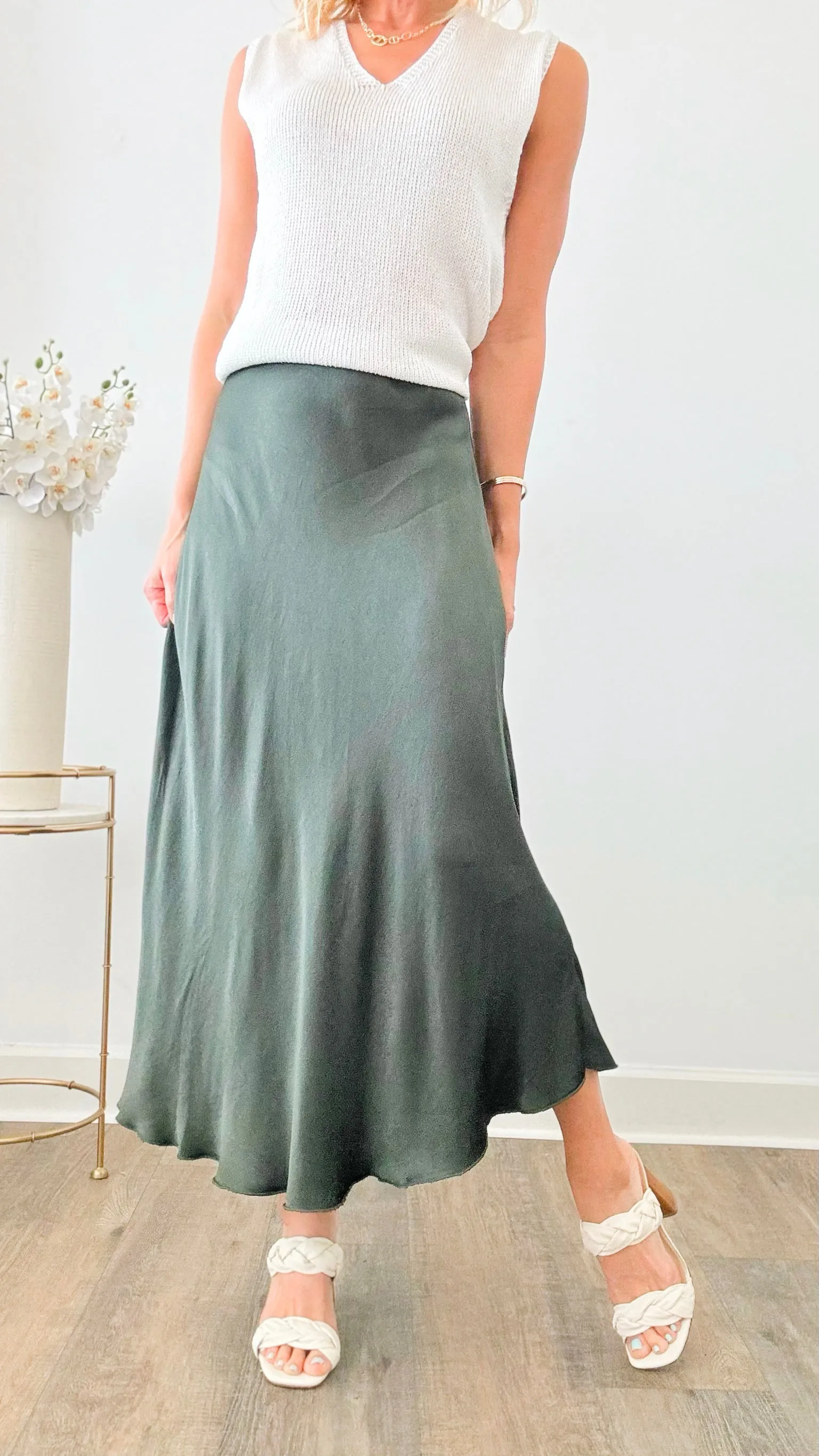 Brooklyn Italian Satin Midi Skirt - Army Green