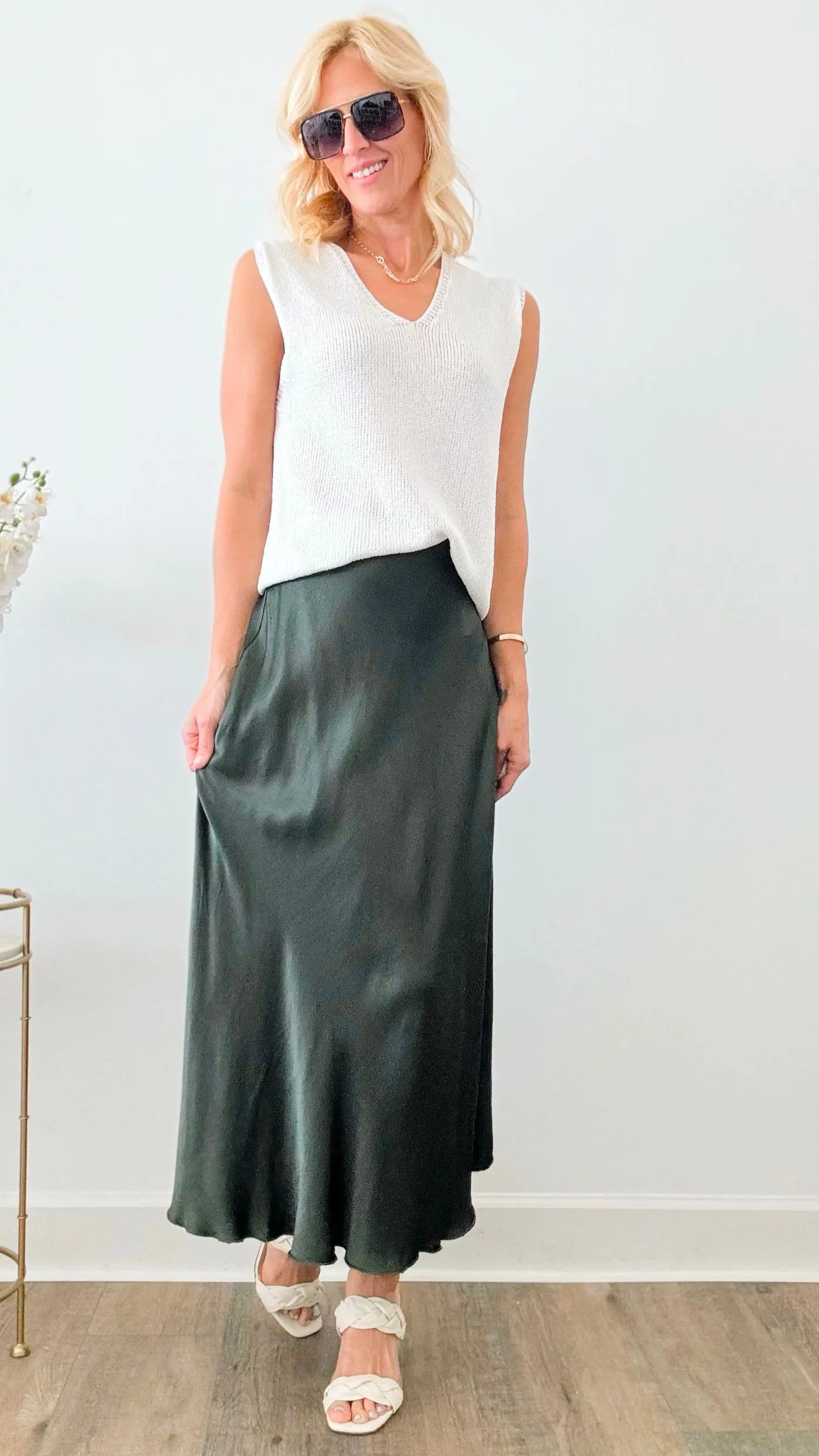 Brooklyn Italian Satin Midi Skirt - Army Green