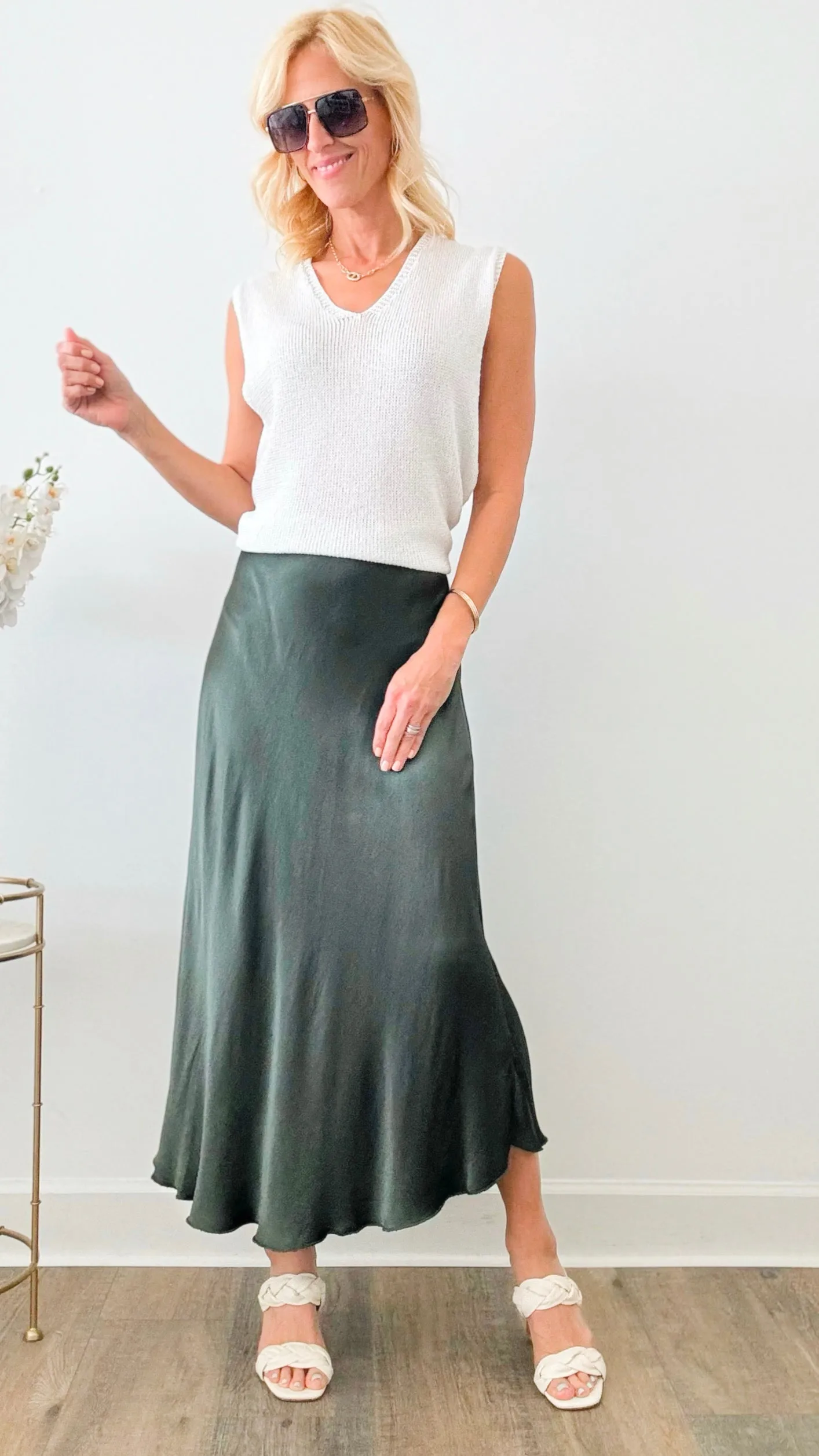 Brooklyn Italian Satin Midi Skirt - Army Green