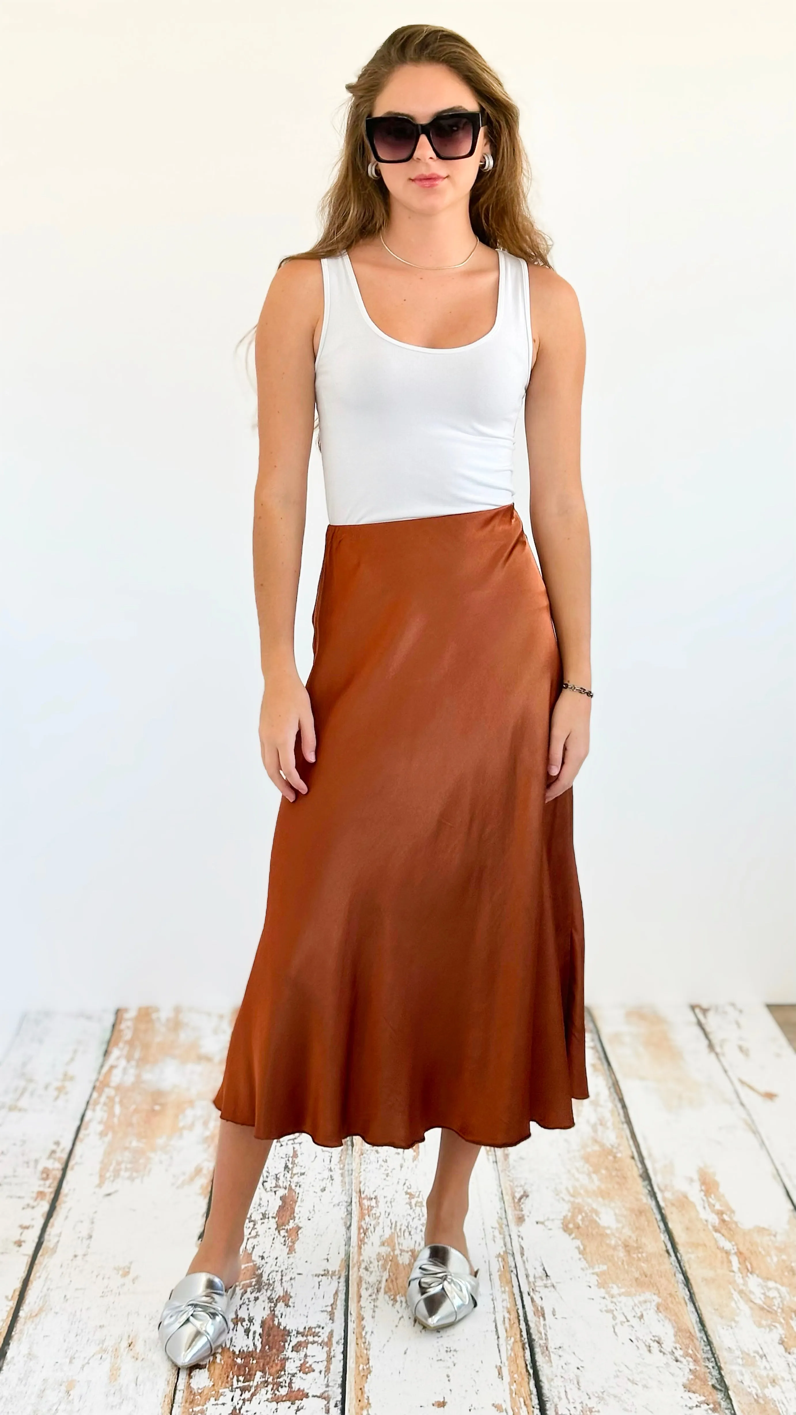 Brooklyn Italian Satin Midi Skirt - Tobacco