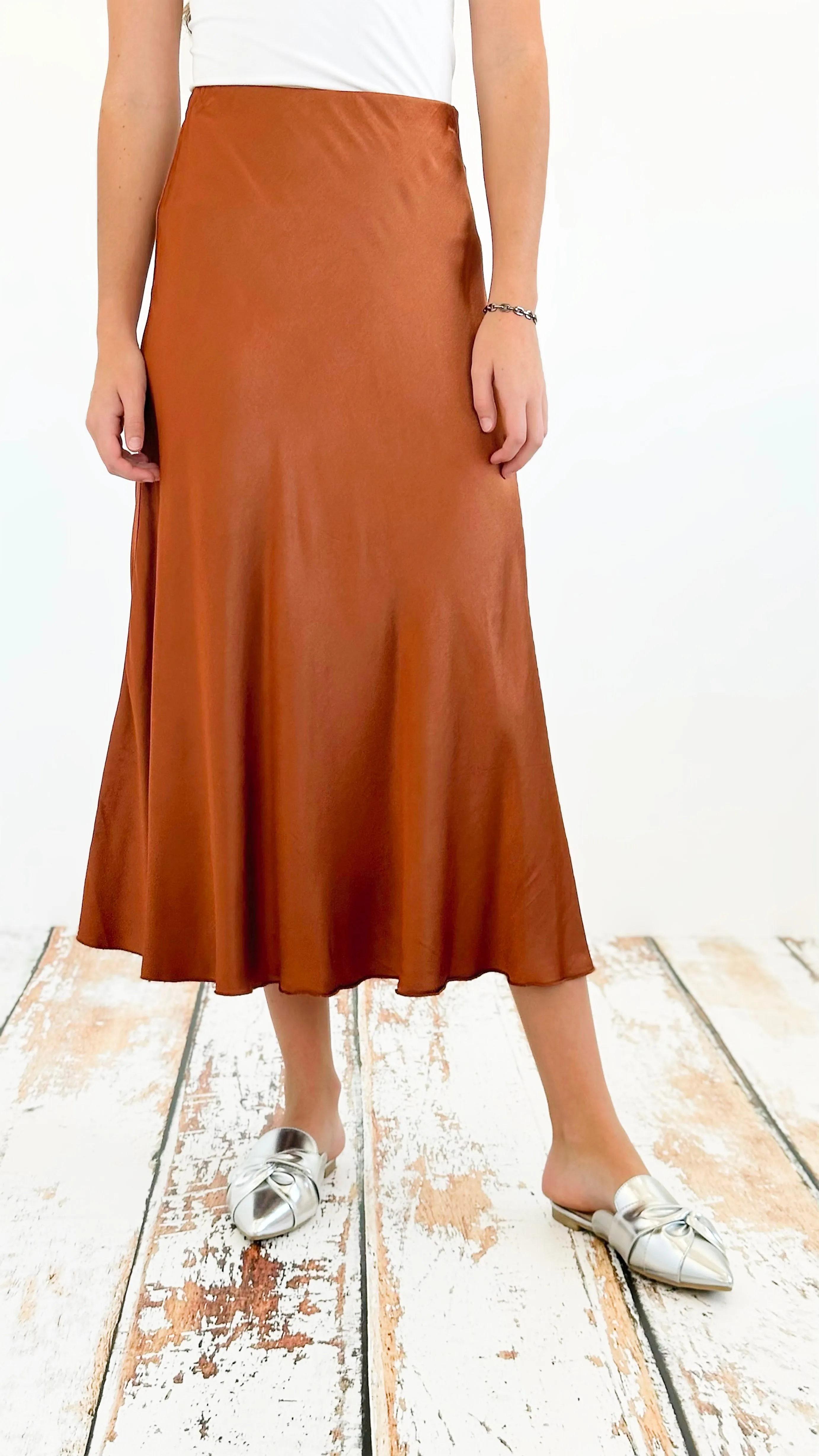 Brooklyn Italian Satin Midi Skirt - Tobacco