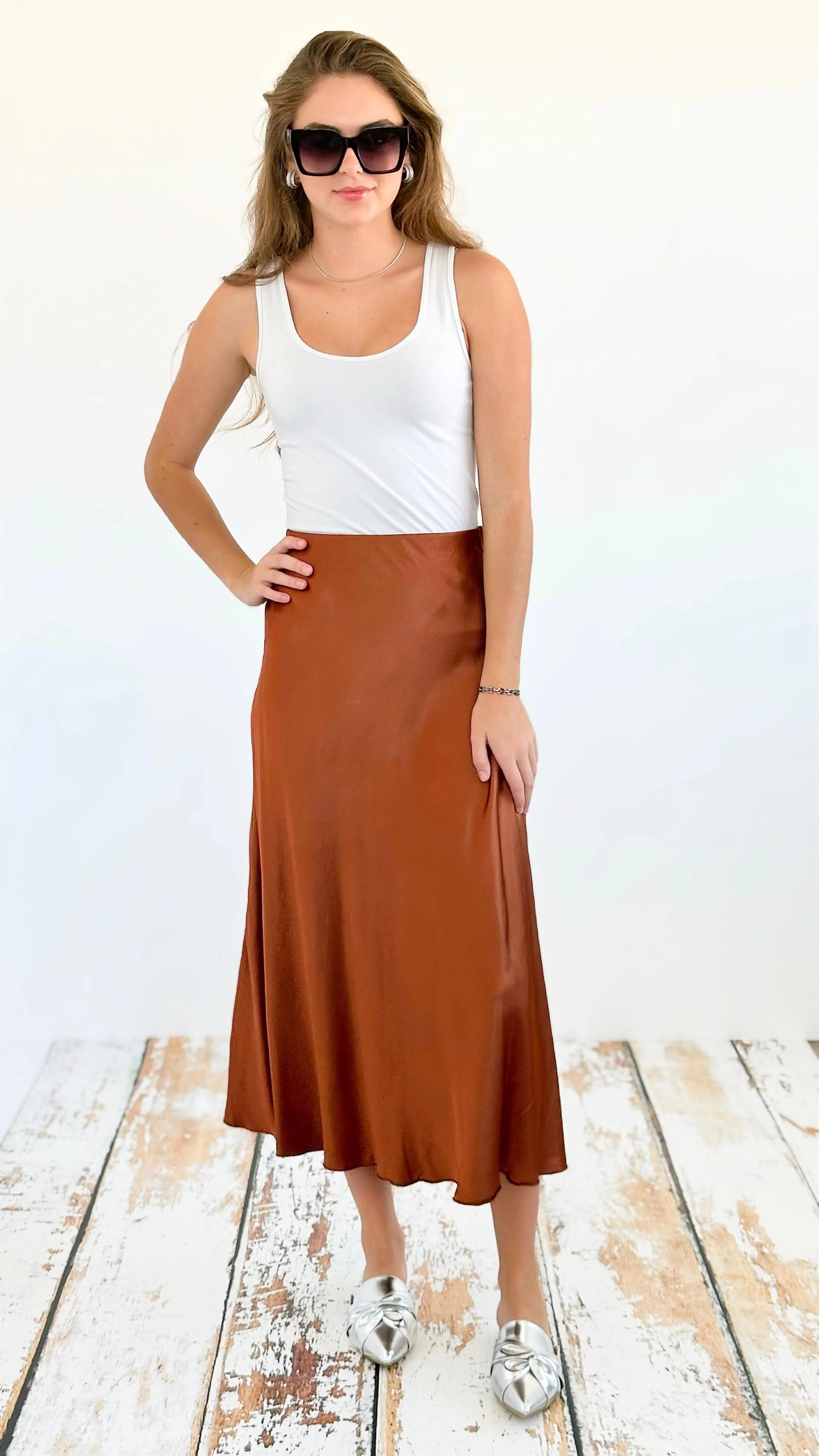 Brooklyn Italian Satin Midi Skirt - Tobacco