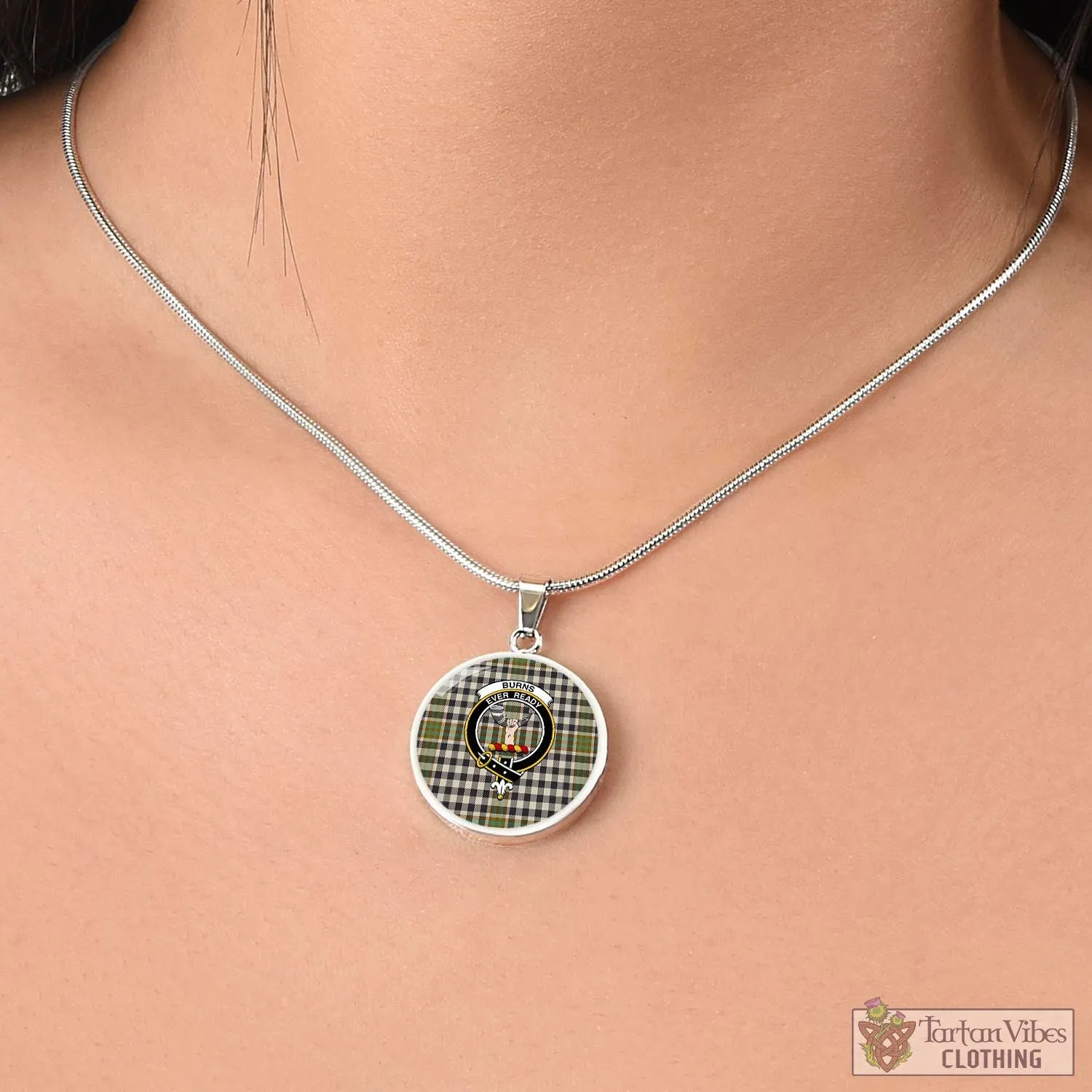 Burns Check Tartan Circle Necklace with Family Crest