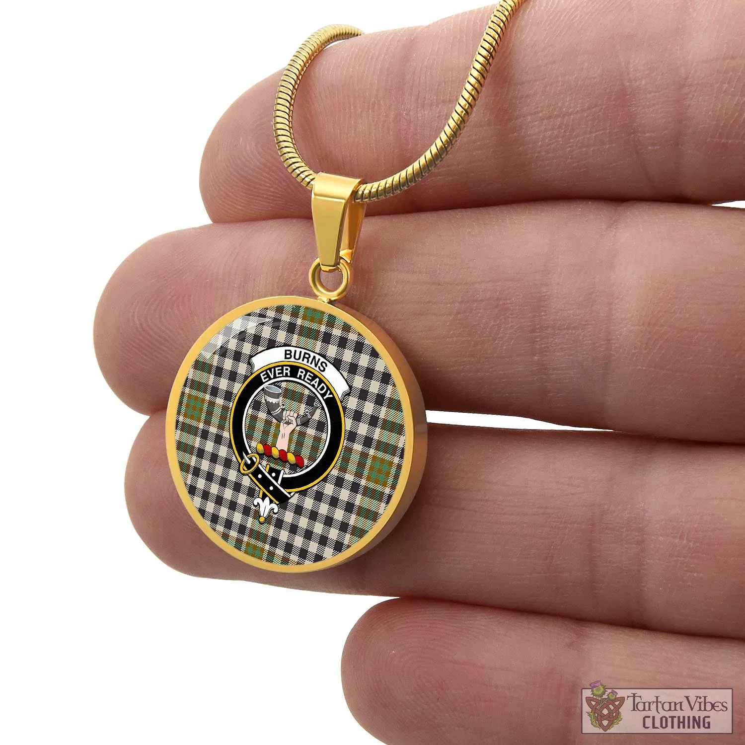 Burns Check Tartan Circle Necklace with Family Crest