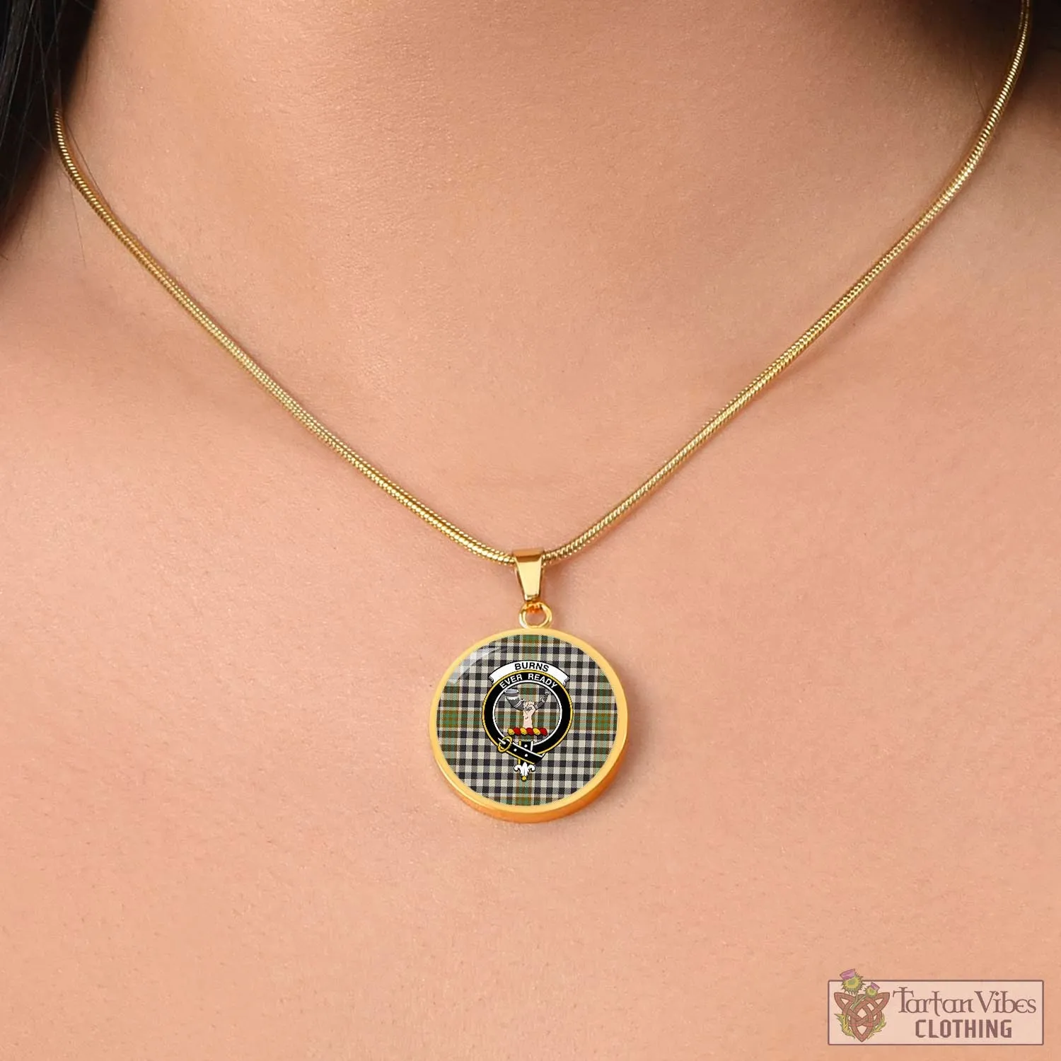 Burns Check Tartan Circle Necklace with Family Crest