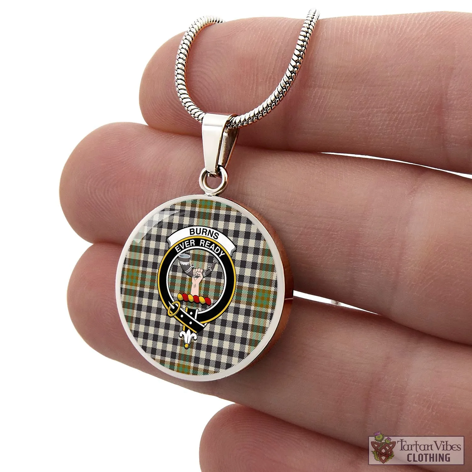 Burns Check Tartan Circle Necklace with Family Crest