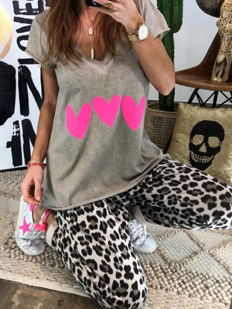 Casual Love Print Top Leopard Trousers Set