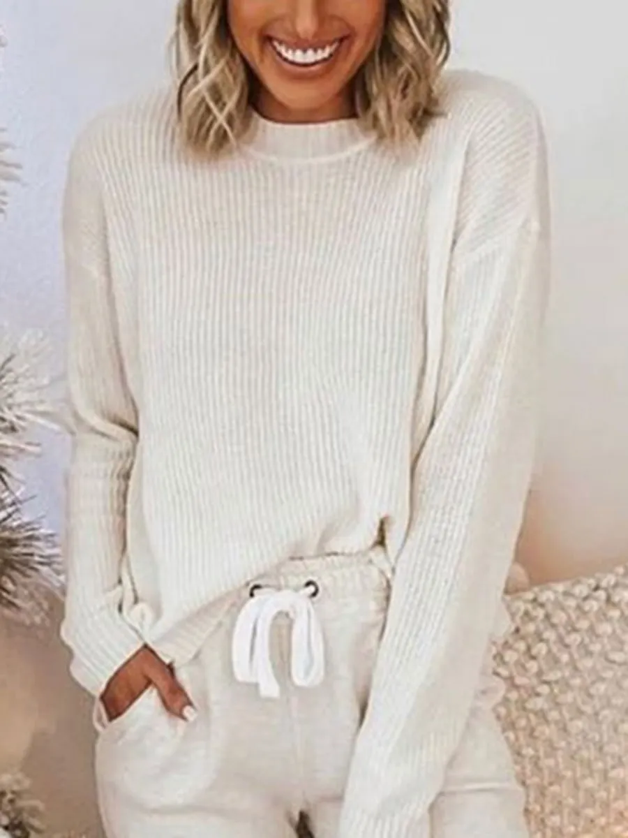 Casual Round Neck Long Sleeve Solid Color Two-Piece Set