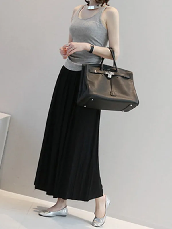 Casual Solid Color Elasticity Waist Pleated Skirts