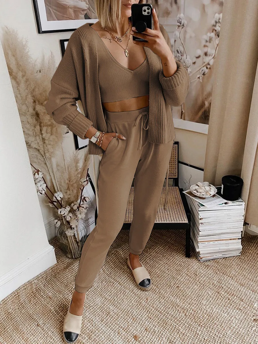 Casual Solid Color Knitted Cardigan Three-piece Suit