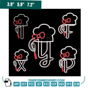 Chef Hat Alphabet Embroidery Pack – Playful Cooking-Themed Monogram Letters with Whisk & Bow