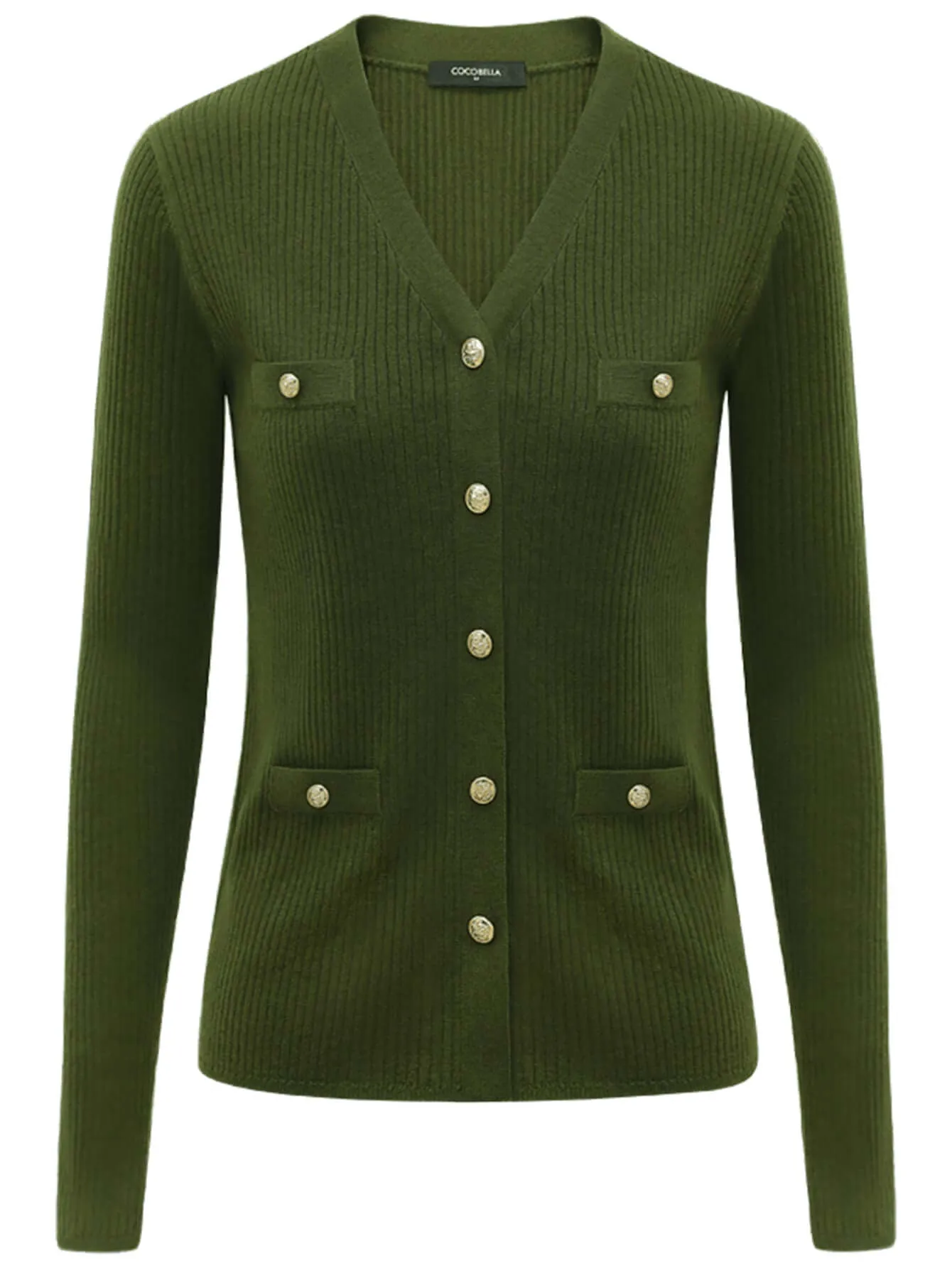 Classic V Neck Rib Green Knit Cardigan