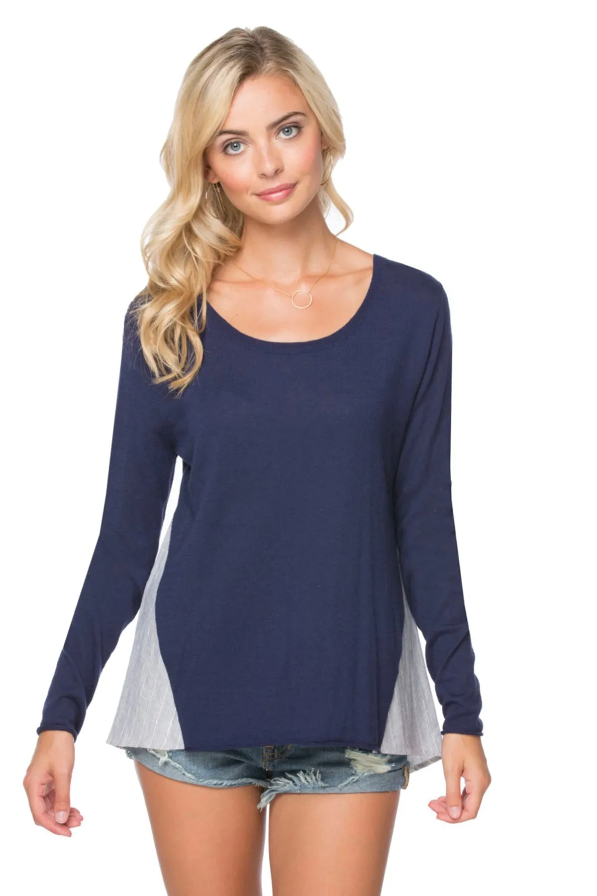 Cross Back Pullover Sweater Knit - with Woven Mix Panels