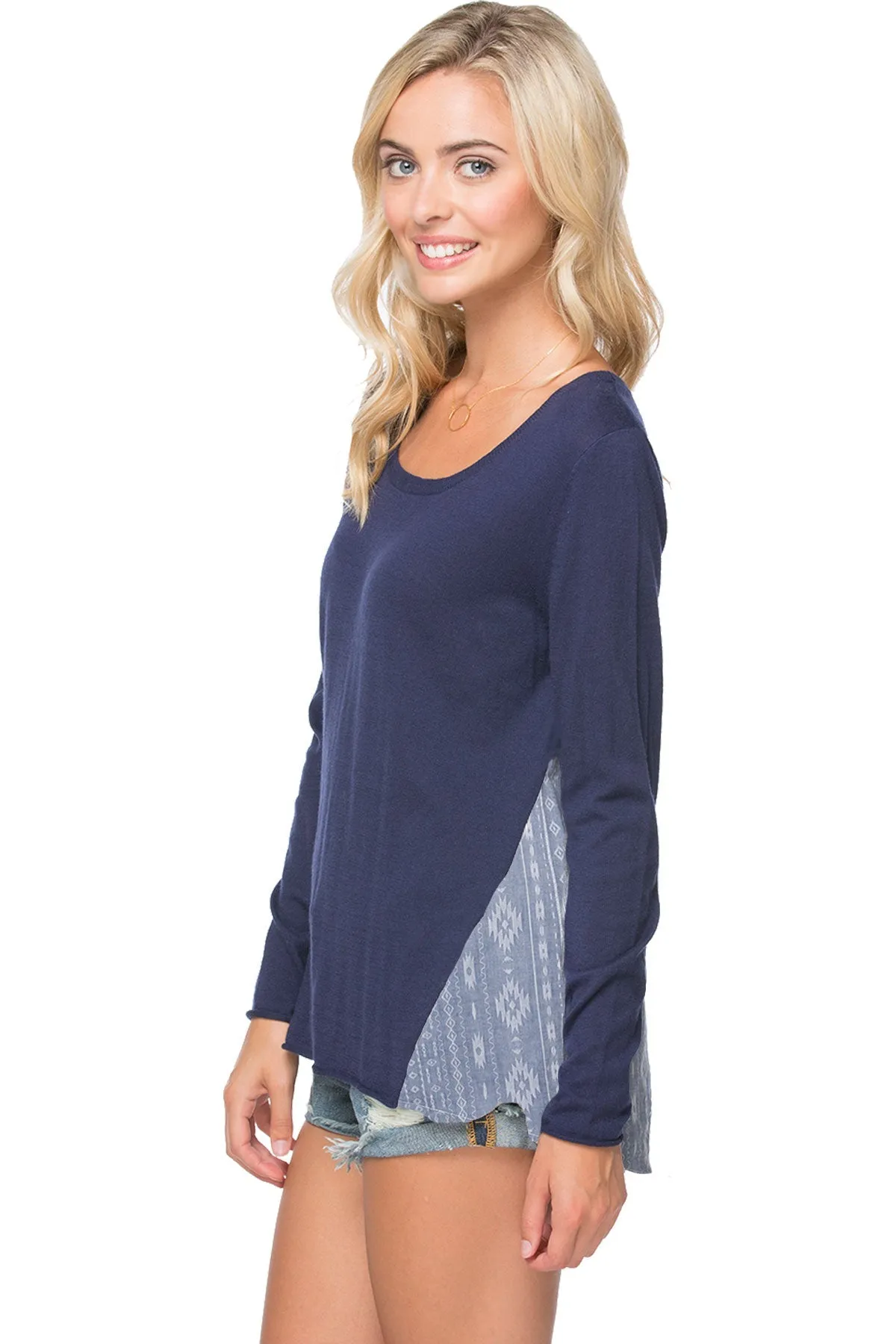 Cross Back Pullover Sweater Knit - with Woven Mix Panels