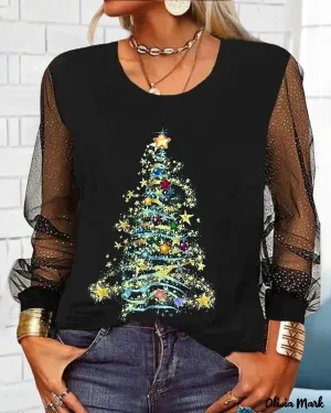 Deanwangkt - Christmas Tree Print Sheer Mesh Long Sleeve Top