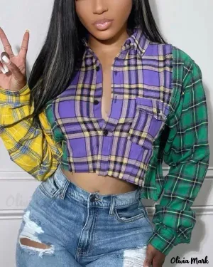 Deanwangkt - Color Block Check Print Long Sleeve Crop Top