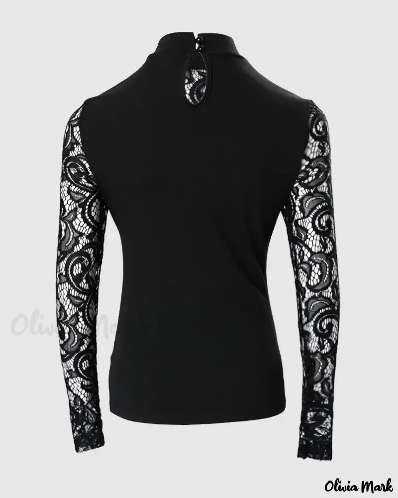 Deanwangkt - Eyelet Lace-Up Contrast Lace Long Sleeve Top