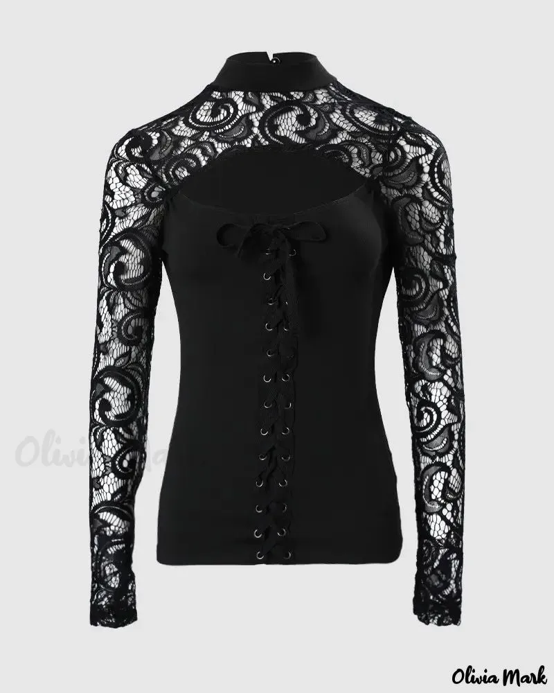 Deanwangkt - Eyelet Lace-Up Contrast Lace Long Sleeve Top