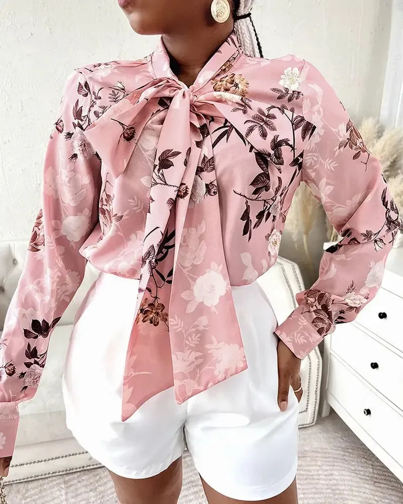 Deanwangkt - Floral Print Tie Neck Long Sleeve Top