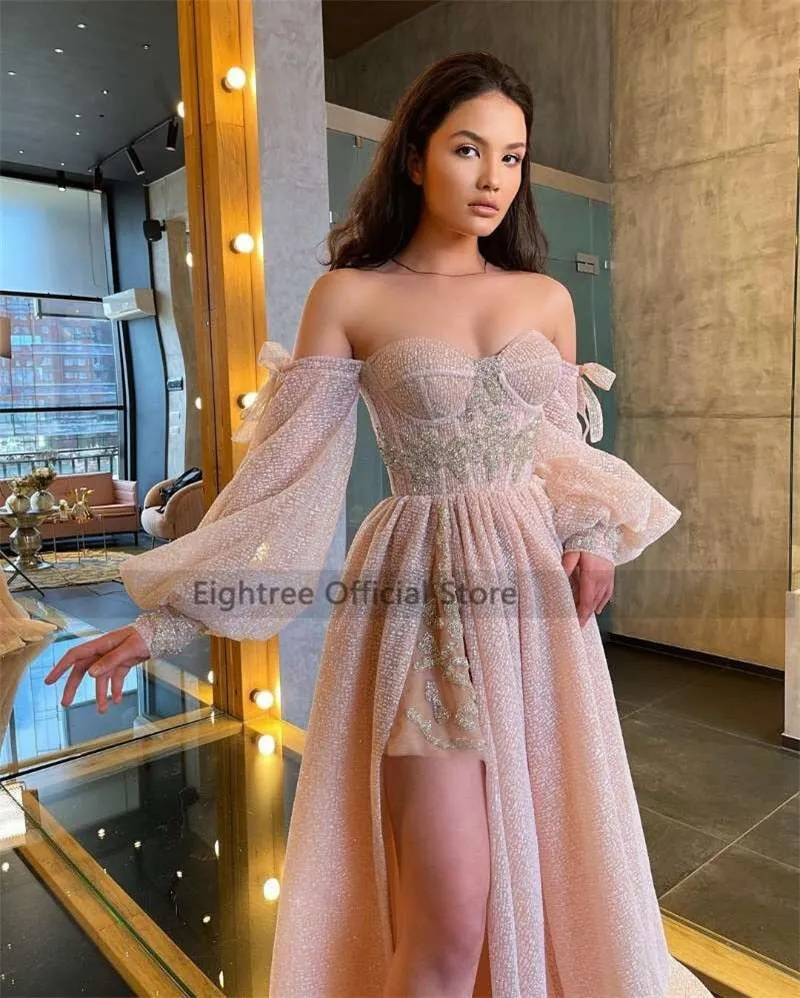 deanwangkt Pink Wedding Dresses  Puff Long Sleeve Bride Dress Split Side A Line Sexy Beach Wedding Gowns Robe de Mariee