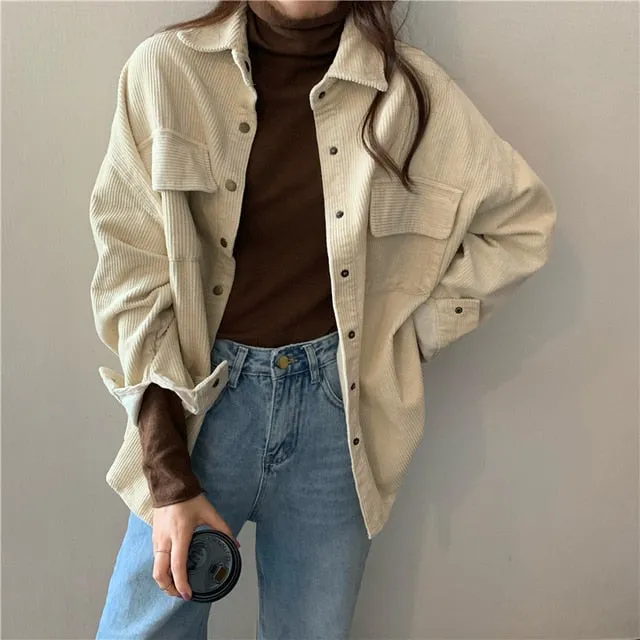 deanwangkt Spring New Women Solid Corduroy Shirts Jackets Full Sleeve Turn-Down Collar Oversize Coats Casual Autumn Basic Outwear