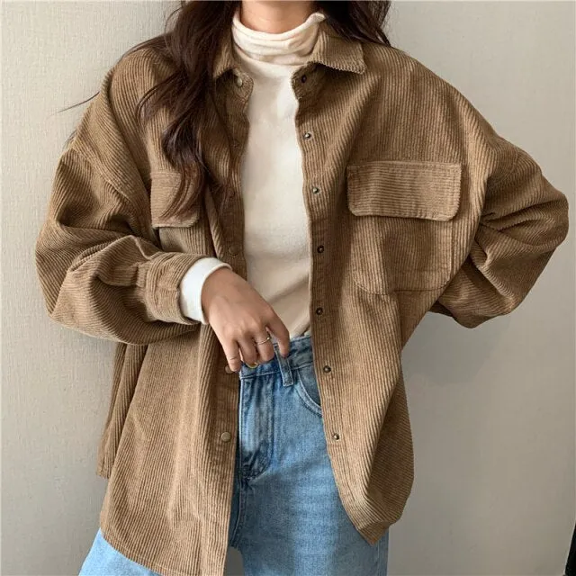 deanwangkt Spring New Women Solid Corduroy Shirts Jackets Full Sleeve Turn-Down Collar Oversize Coats Casual Autumn Basic Outwear