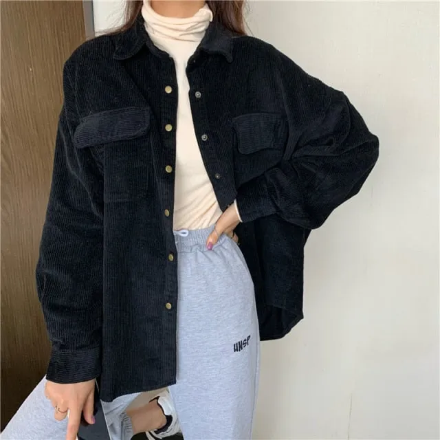 deanwangkt Spring New Women Solid Corduroy Shirts Jackets Full Sleeve Turn-Down Collar Oversize Coats Casual Autumn Basic Outwear