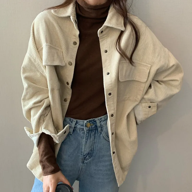 deanwangkt Spring New Women Solid Corduroy Shirts Jackets Full Sleeve Turn-Down Collar Oversize Coats Casual Autumn Basic Outwear