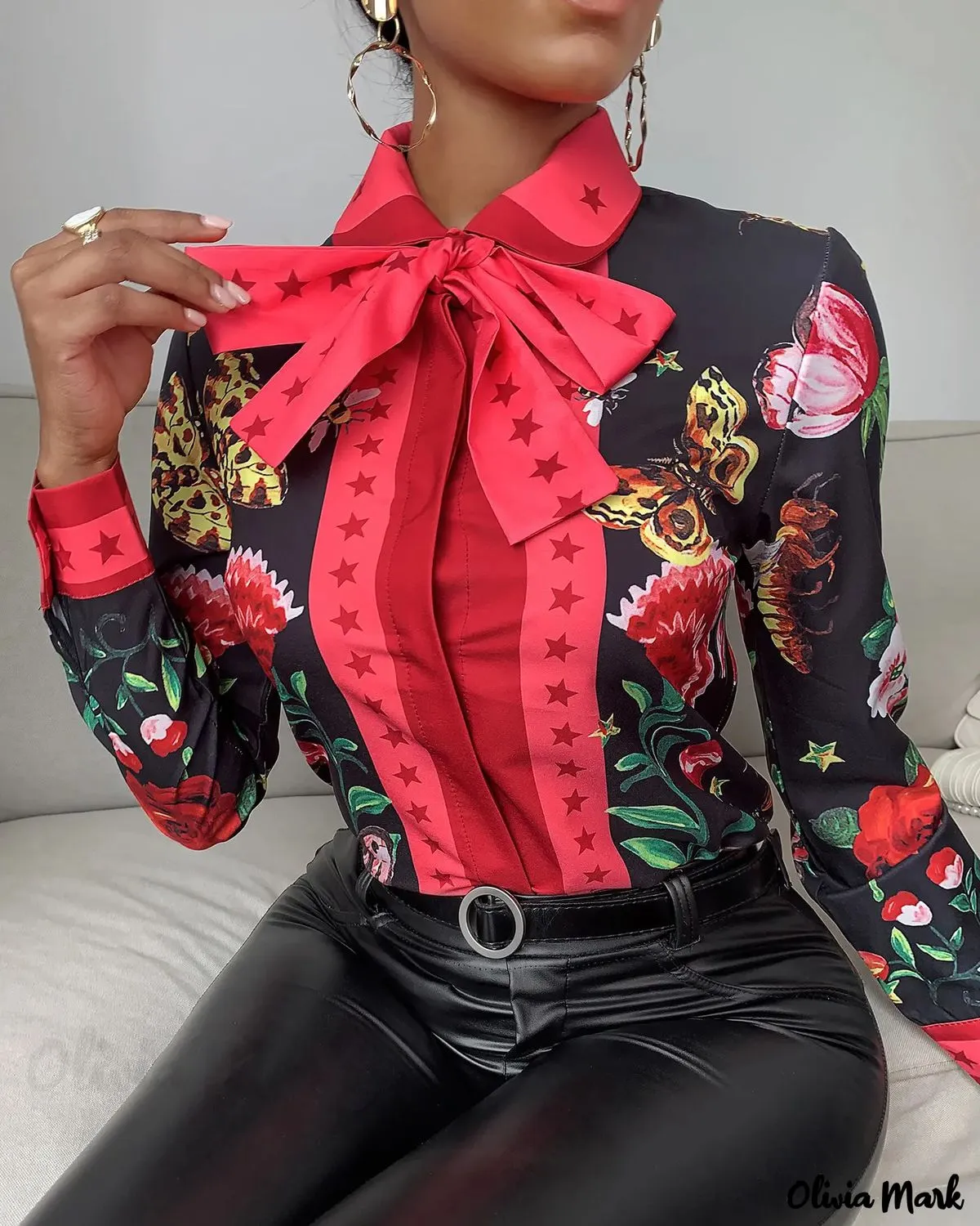 Deanwangkt - Tie Neck Butterfly Print Long Sleeve Top