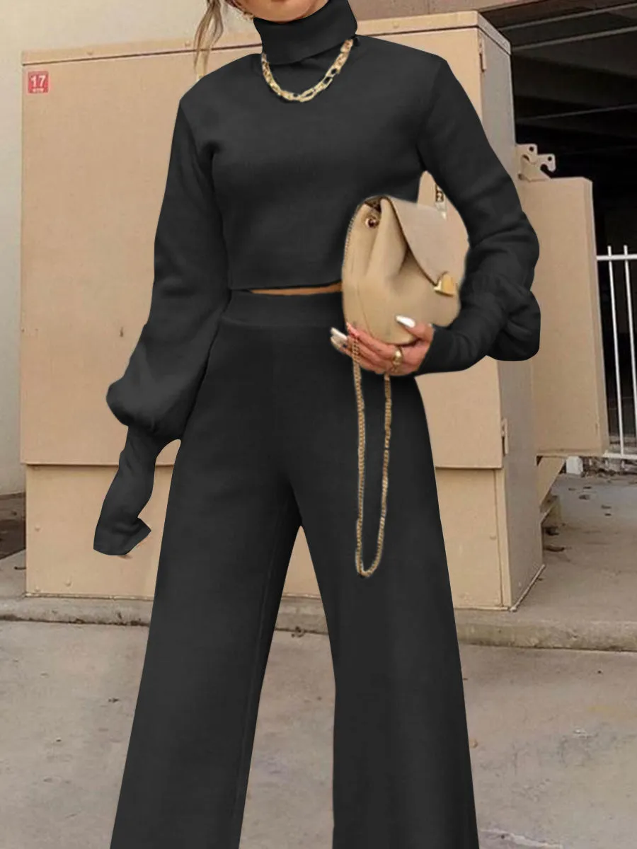 Fashion Casual High Neck Wide Leg Two-piece Suit