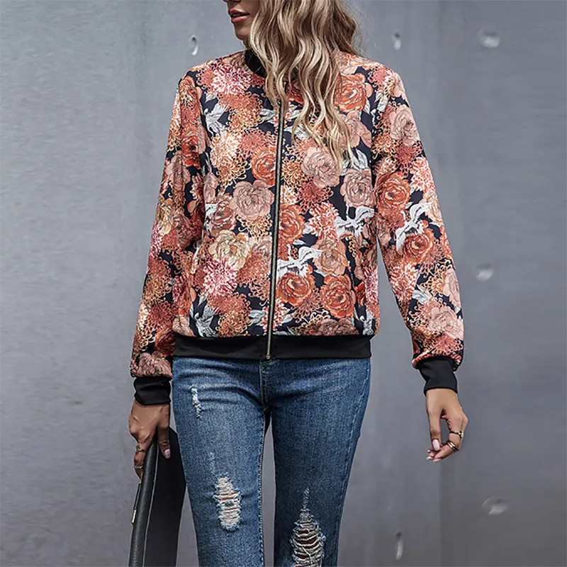 Floral printed zipper long-sleeved jacket