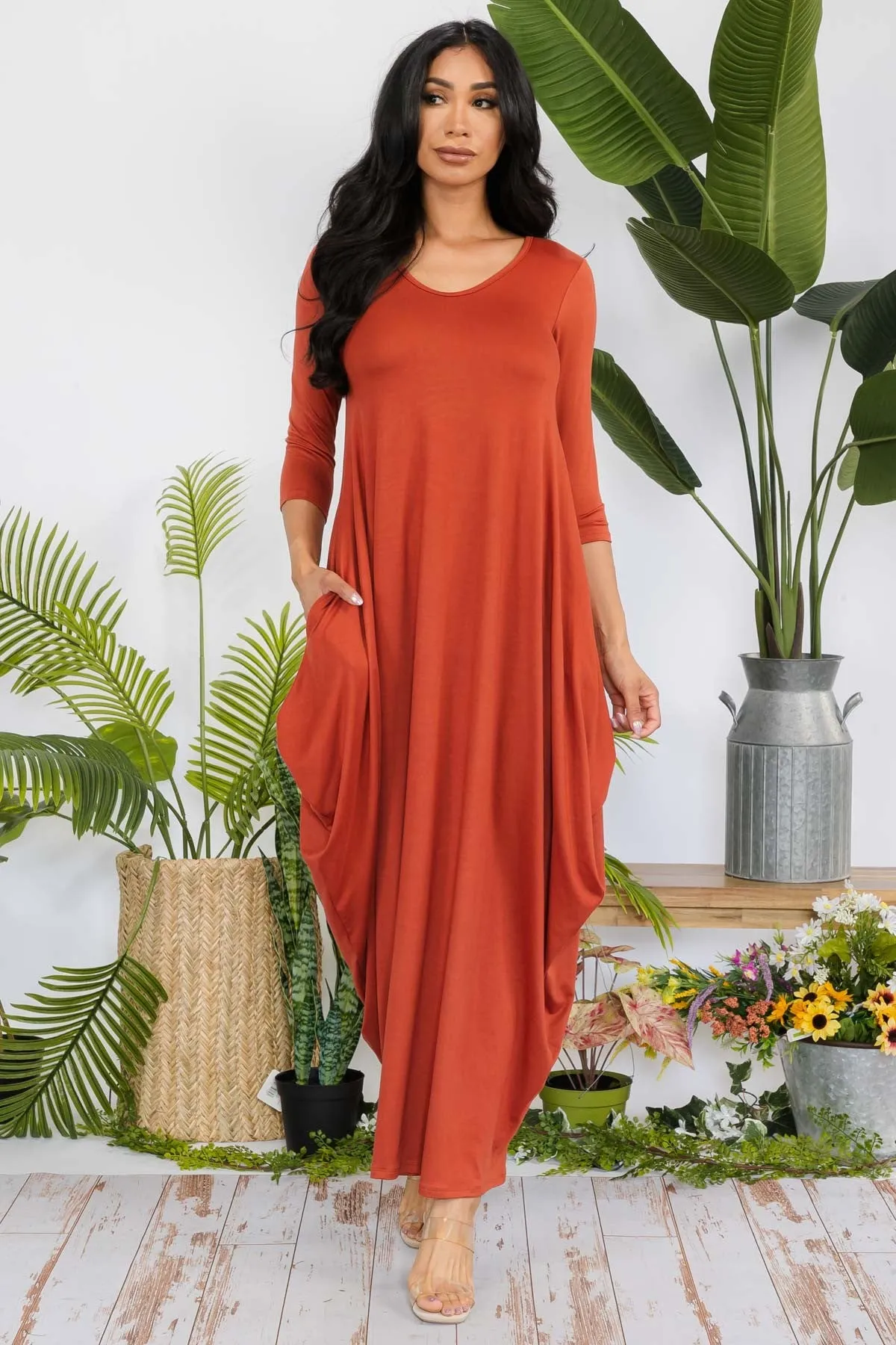 HH645X-SOLID - 3/4 SLEEVE MAXI DRESS