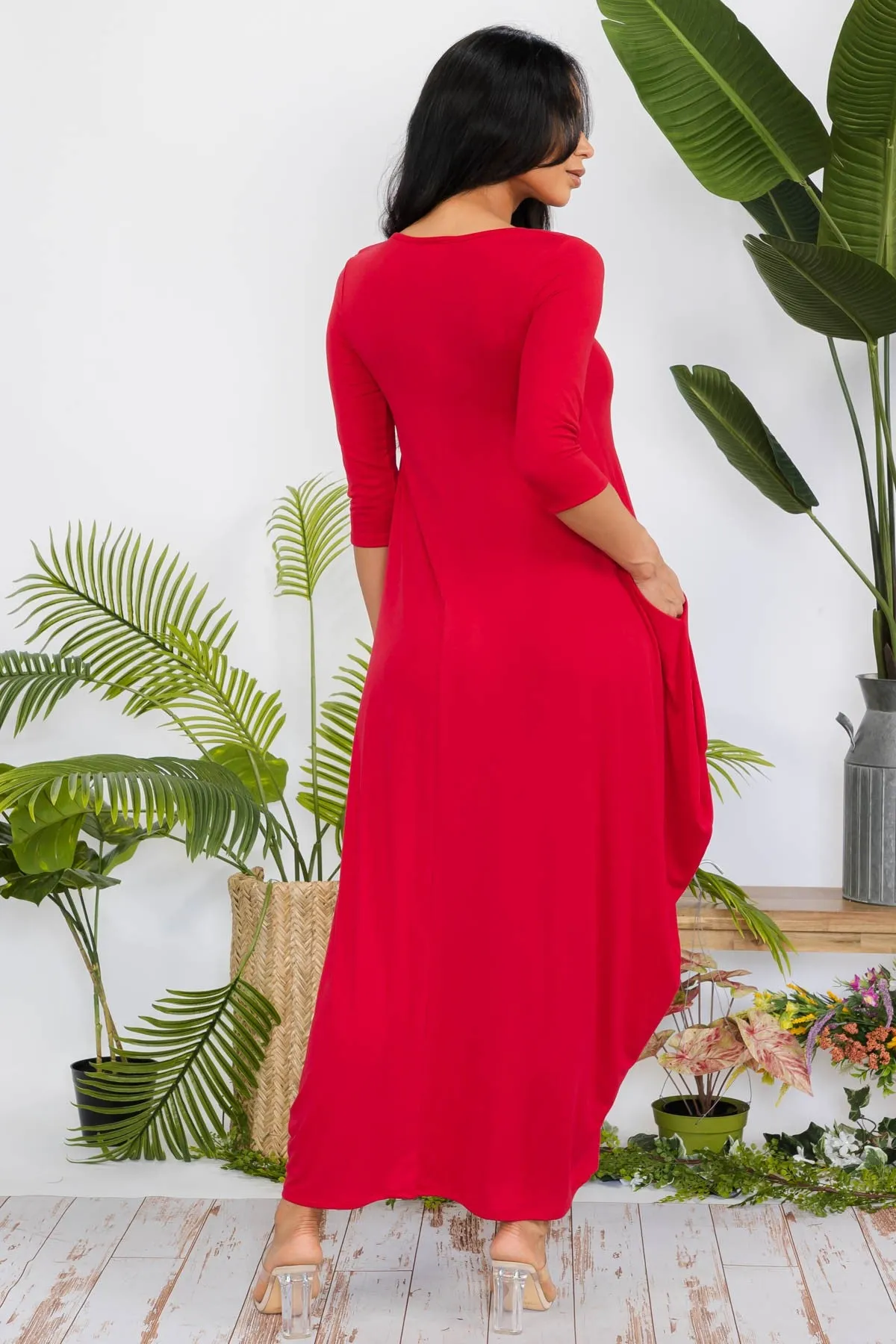 HH645X-SOLID - 3/4 SLEEVE MAXI DRESS