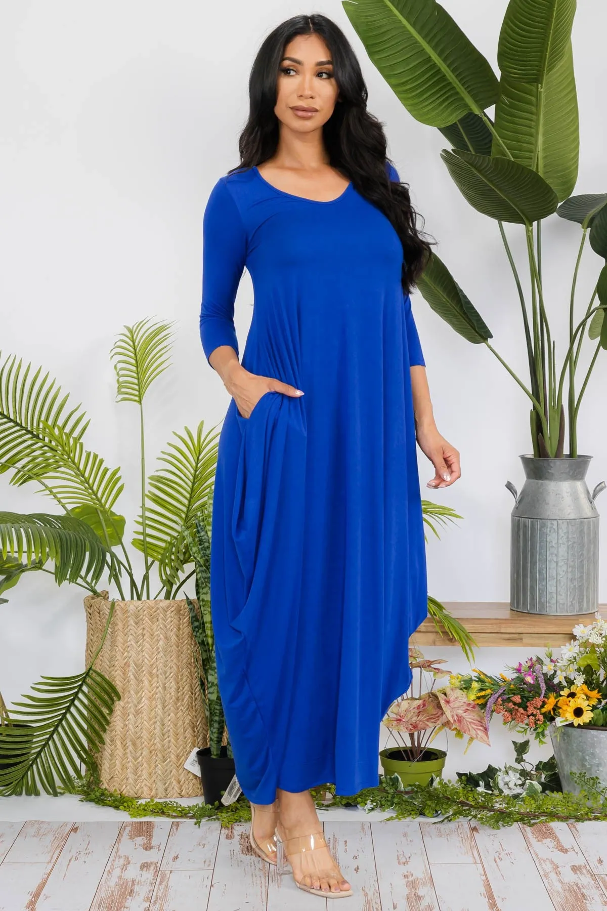 HH645X-SOLID - 3/4 SLEEVE MAXI DRESS