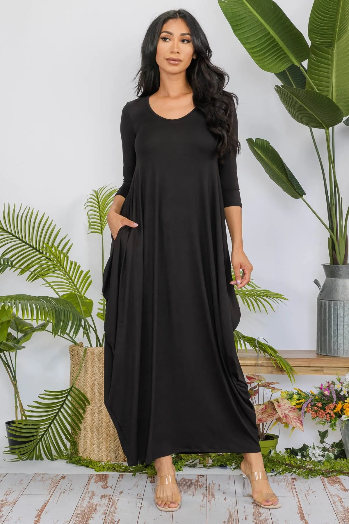 HH645X-SOLID - 3/4 SLEEVE MAXI DRESS